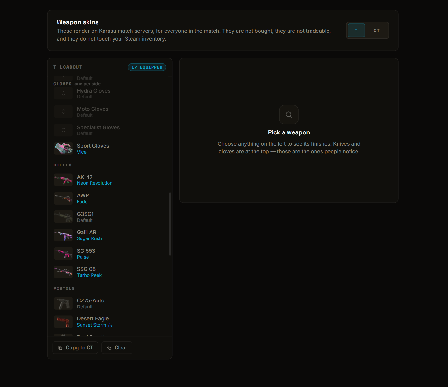 The Karasu weapon skin selector: a T-side loadout with Sport Gloves Vice, AK-47 Neon Revolution and AWP Fade equipped